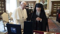 Pope Francis and Patriarch Bartholomew exchange gifts and a laugh