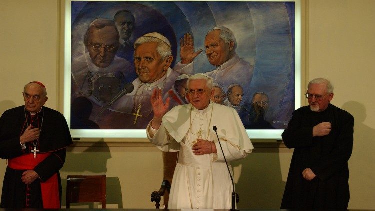 The late Pope Emeritus blesses the staff at Vatican Radio