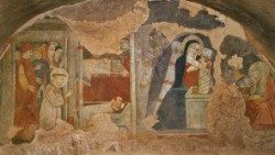 Chapelle (construite en 1228) de la crèche de Greccio, fresque d'un auteur giottesque du 14e siècle avec la Vierge allaitant Jésus et Joseph méditant