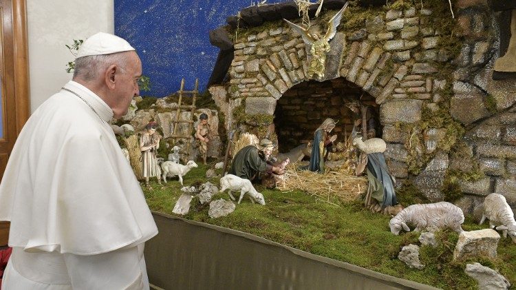 Pope Francis contemplates the Crib at Casa Santa Marta