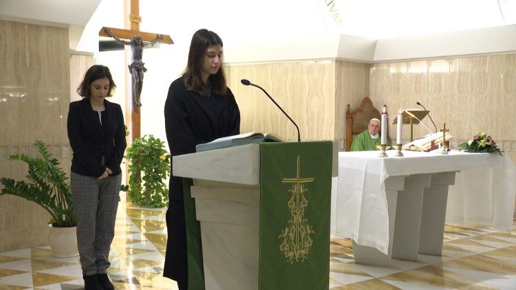 A lay woman reads at Mass in the Casa Santa Marta on 4 February 2020