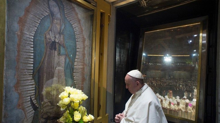 Pope Francis prays before the image of Our Lady of Guadalupe