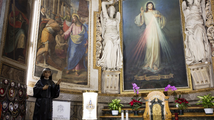 The altar of Divine Mercy with the statue of St. Faustina in the Church of the Holy Spirit in Sassia, Rome.  