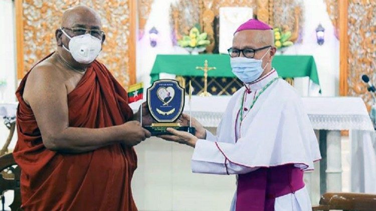 Myanmar Buddhist monk,  Sitagu Sayadaw, with Archbishop Marco Tin Win of Mandalay on April 16, 2020. 