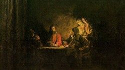 Ko je sédel z njima za mizo, je vzel kruh, ga blagoslovil, razlomil in jima ga dal. (1648) Rembrandt (1606-1669). 