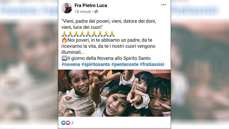 La preghiera di Fra Pietro Luca allo Spirito Santo sulla sua pagina FB