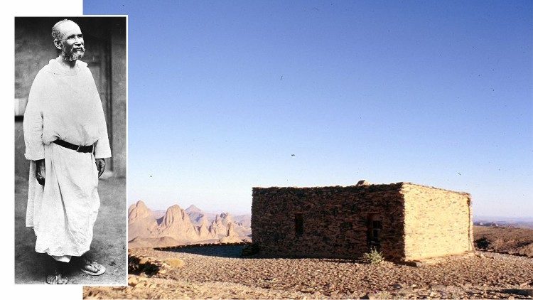 Charles de Foucauld in njegovo bivališče v puščavi.