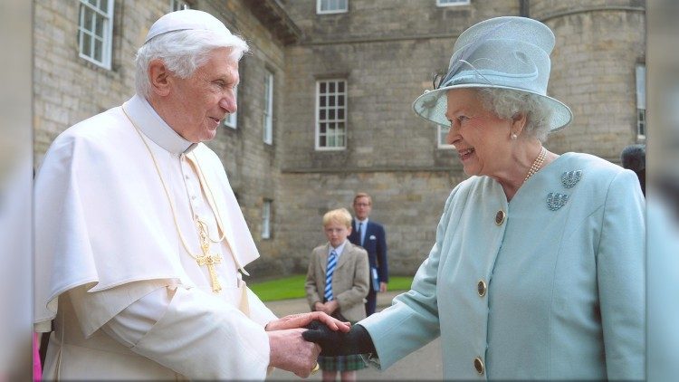 Queen Elizabeth II welcomes Pope Benedict XVI to Holyrood Palace during the Papal Visit to the United Kingdom in 2010.