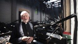 File photo of Bishop David O'Connell at the San Gabriel Mission Church after a fire in July 2020