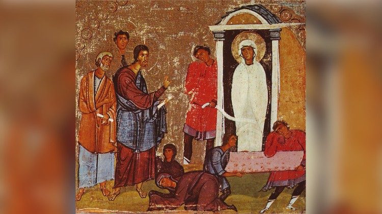 Евангелие за V Неделя от Великия пост, възкресението на Лазар (икона от 12 век в манастира св.Екатерина, Синай).