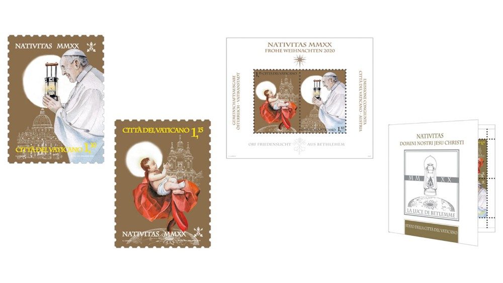 Weihnachtsbriefmarken mit dem Postamt Christkindl und dem Papst mit dem Friedenslicht aus Betlehem