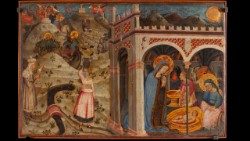 Scuola Marchigiana, Geburt Jesu und Reise der Heiligen Drei Könige, Predella-Tafel, Tempera und Gold auf Holz; um 1450; Vatikanische Pinakothek © Musei Vaticani