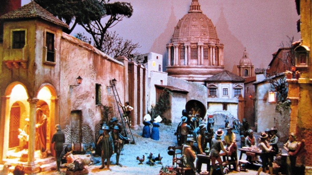 Crèche romaine de l'Association italienne des Amis de la Crèche, exposée en l'église Santa Maria in Via 