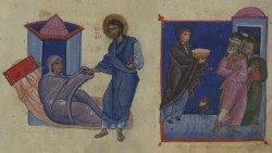 Duminica a V-a, anul B: Isus o vindecă pe soacra lui Petru (Walters Art Museum, W.539.39V, T'oros Roslin, 1262).