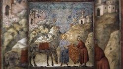 Svatý František dává svůj plášť chudému člověku. Jedná se o jeden z osmadvaceti výjevů z cyklu fresek ze světcova života v horní bazilice v Assisi, který je připisován Giottovi.