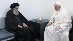 Ferenc pápa találkozója Ali asz-Szisztáni síita nagyajatollahhal Irakban