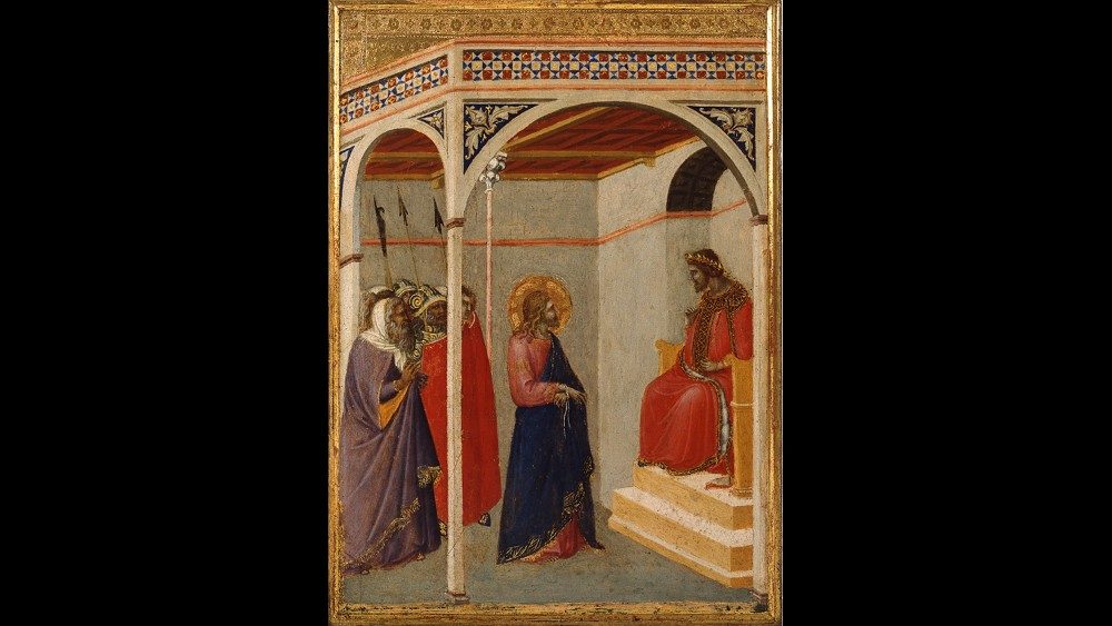 Pietro Lorenzetti, c.1280 – 1348, Jesus before Pilate, Part of a diptych (?), c.1335, Tempera and gilding on poplar, Vatican Art Gallery © Musei Vaticani
