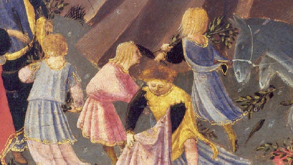 Zanobi Strozzi (Florencia 1412 - 1468), Entrada de Cristo en Jerusalén, Fragmento de predela con Historias de Cristo, temple y oro sobre tabla, marco dorado, siglo XV.