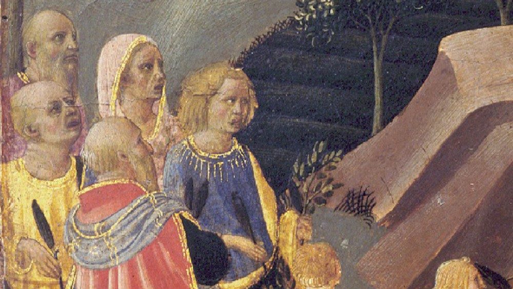 Zanobi Strozzi (Florencia 1412 - 1468), Entrada de Cristo en Jerusalén, Fragmento de predela con Historias de Cristo, temple y oro sobre tabla, marco dorado, siglo XV.