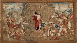 Manufatura flamenga, Bruxelas, ateliê de Pieter van Aelst (m. Bruxelas 1532); desenho da escola de Raffaello Sanzio (Urbino 1483 - Roma 1520), A Ressurreição, tapeçaria, 1525 – 1531, © Musei Vaticani