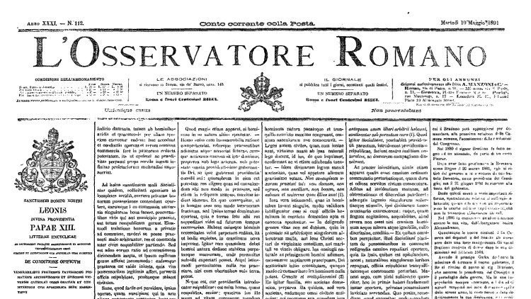 L'Osservatore Romano, 15. maj 1891, ko je izšla okrožnica Rerum Novarum