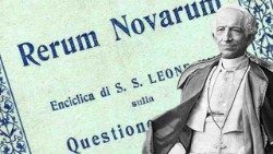 Le Pape Léon XIII et la couverture de l'encyclique "Rerum Novarum".