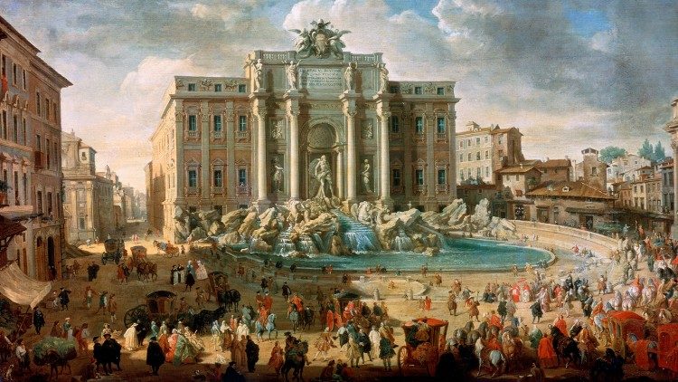 Pope Benedict XIV visits Trevi Fountain, 18th century