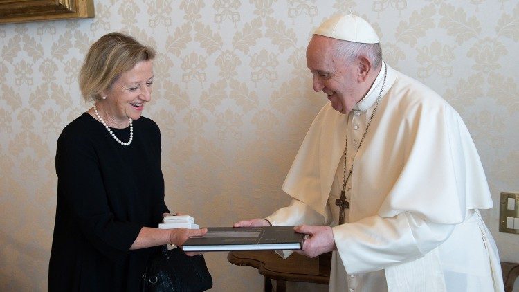 British ambassador to the Holy See, Sally Jane Axworthy, during her farewell audience with Pope Francis in June 2021