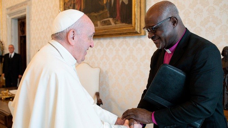 Pope Francis shakes hands with Lutheran Archbishop Panti Filibus Musa, President of the Lutheran World Federation