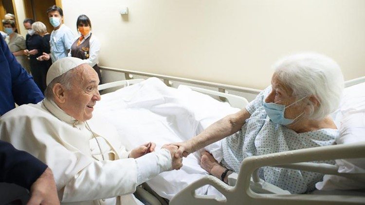Pope Francis greets patients at Gemelli Hospital after the Angelus