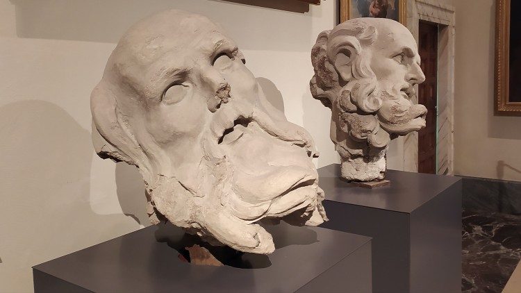 Two models of the heads of two Fathers of the Church on exhibit in the Vatican Museums' Pinacoteca