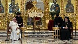 Pope Francis with H.B Chrysostomos II in the Orthodox Cathedral of Nicosia, Cyprus, on 3 December 2021