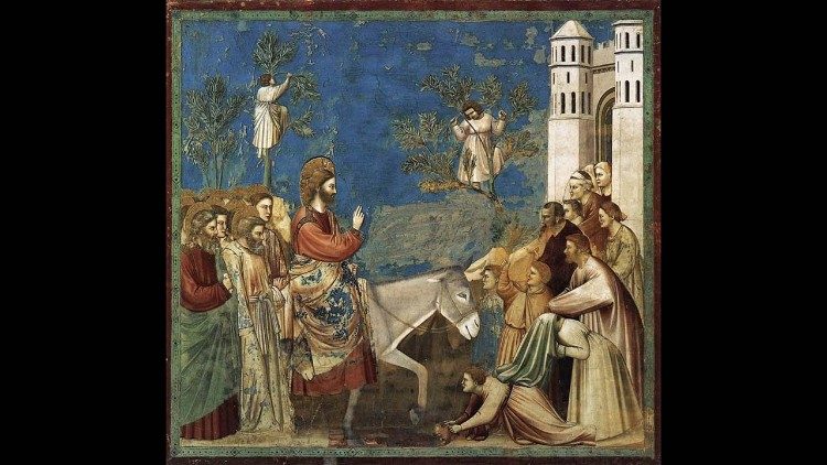 Giotto, Hyrja në Jeruzalem, rreth 1303-1305 circa, afresk, 200×185 cm, Cappella degli Scrovegni, Padova