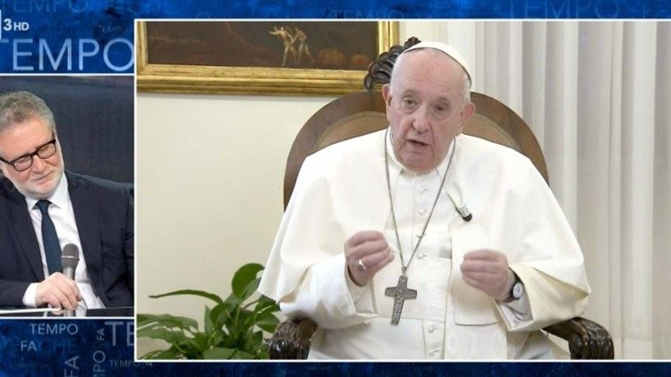 Pope Francis appears on the television show "Che tempo che fa," broadcast on Italian network Rai 3.