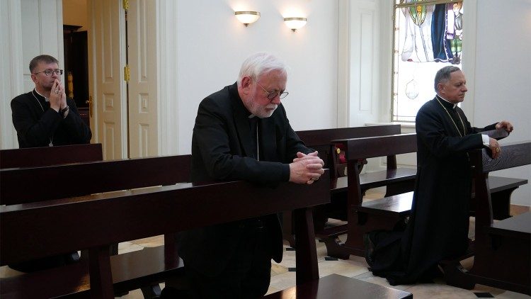 Archbishop Gallagher prays in the chapel of the Archbishop's Residence