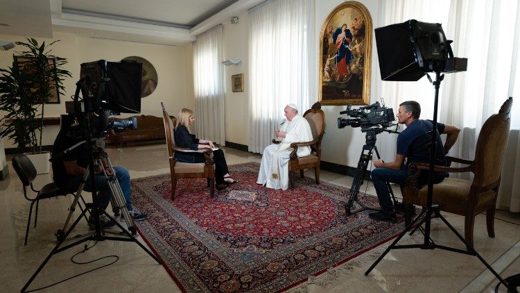 Pope Francis speaking during an interview with TELAM