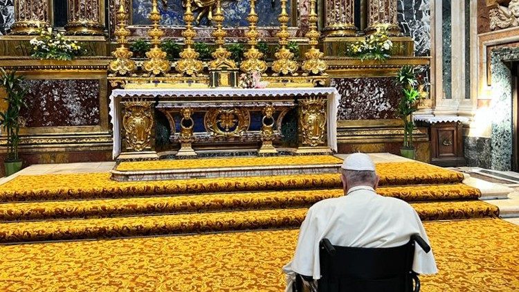 File photo of Pope Francis praying before Our Lady's icon in St. Mary Major