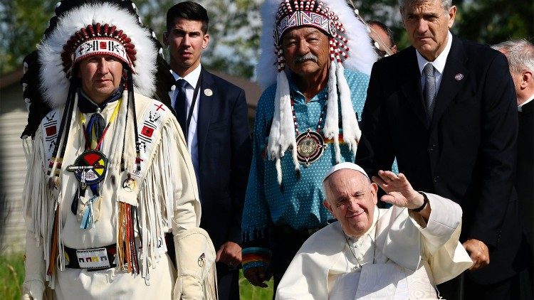 Pope Francis with indigenous leaders during his visit to Canada in July, 2022