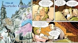 La copertina della "Vita di Bartolo Longo a fumetti" e alcune "strisce"