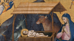 Mariotto di Nardo (Florencia, noticias 1388-1424), Historias de la Virgen: Natividad, sección de la predela, c. 1385, tempera y oro sobre madera de álamo, 34,5 x 25,7 x 3,5 cm, © Museos Vaticanos