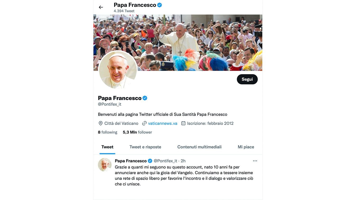 Dieci anni fa il primo tweet di @Pontifex, oggi ha 53 milioni di follower 