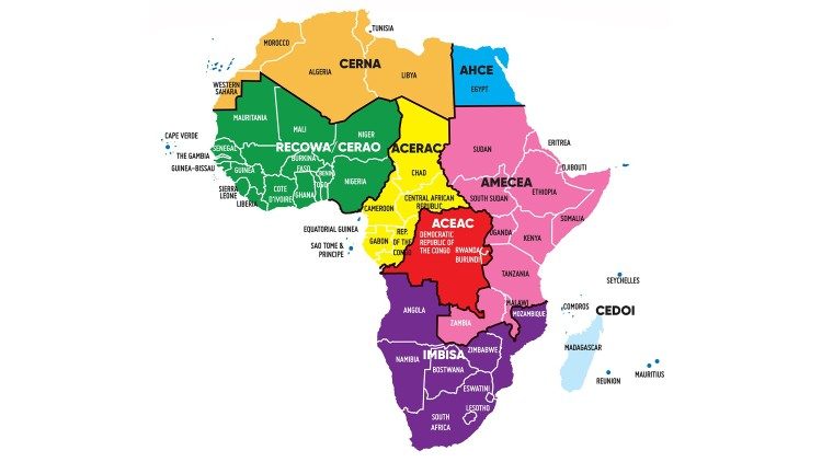 Photographie des conférences épiscopales régionales du continent africain. 