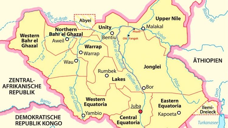 Karte des Südsudan; Pfarrzentrum Old Fangak ist in rot eingezeichnet