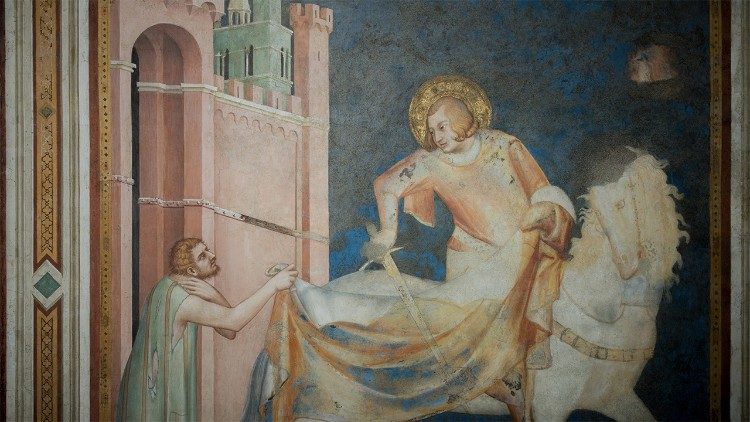 Assisi, chiesa inferiore di San Francesco, Cappella San Martino: il santo divide il mantello con il povero. Foto Sala Stampa Sacro Convento