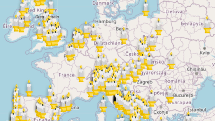 Az "Üdvözlégy Mária a pápáért" imalánc európai térképe 