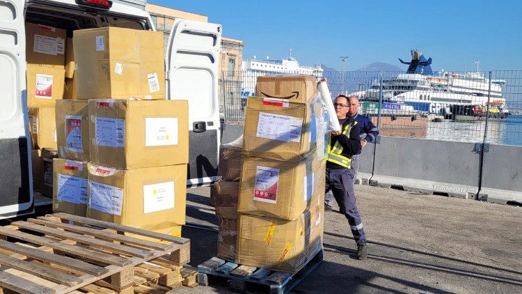 Crates of aid for quake affected people in Syria and Turkey at the Port of Naples