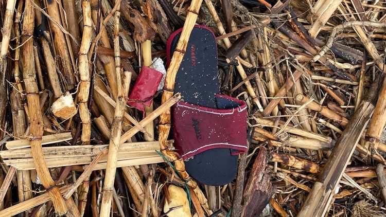 a shoe amidst the seaweed on Cutro beach