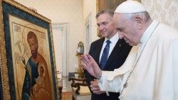 Pope Francis blesses a Saint Joseph pilgrim icon that was presented by Supreme Knight Patrick Kelly during a private audience at the Vatican on 25 October 2021