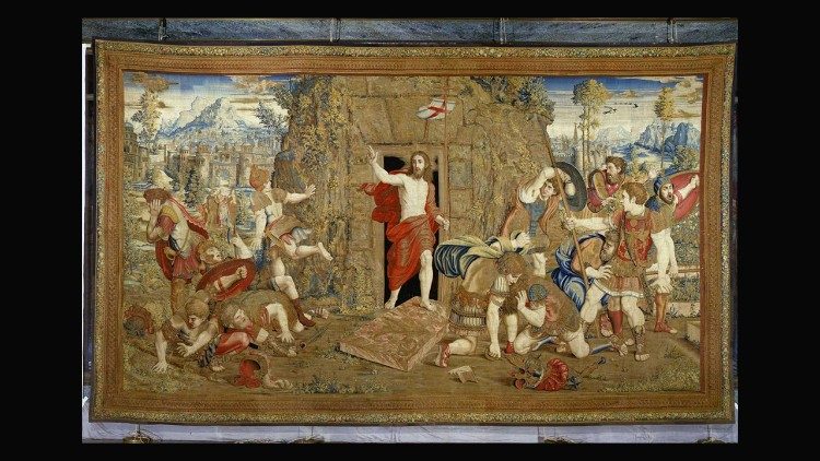 Manufactura flamenca, Bruselas, taller de Pieter van Aelst (m. Bruselas 1532); cartón de la escuela de Rafael Sanzio (Urbino 1483 - Roma 1520), La Resurrección, tapiz, 1525 - 1531, © Museos Vaticanos