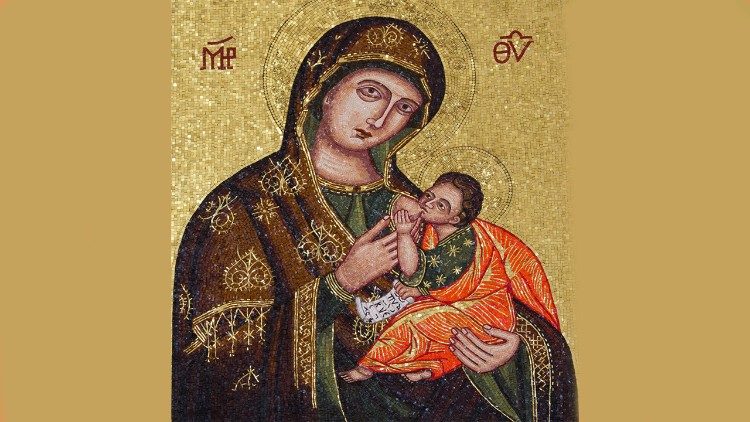 Detalle del mosaico del ábside, con la Virgen de las Gracias